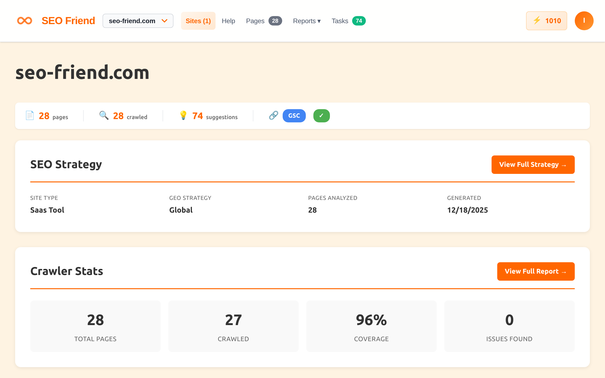 SEO Friend dashboard showing domain metrics and page performance