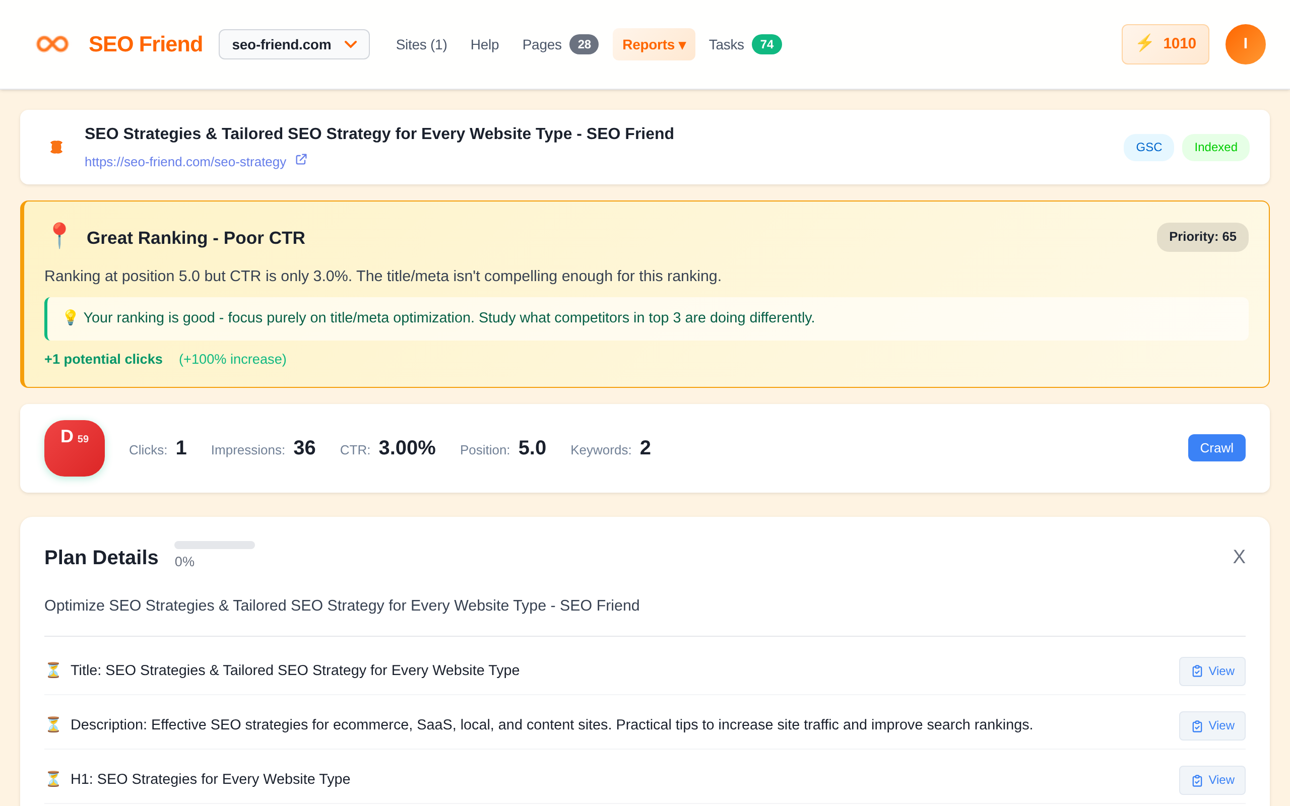 Page detail showing SEO issues found