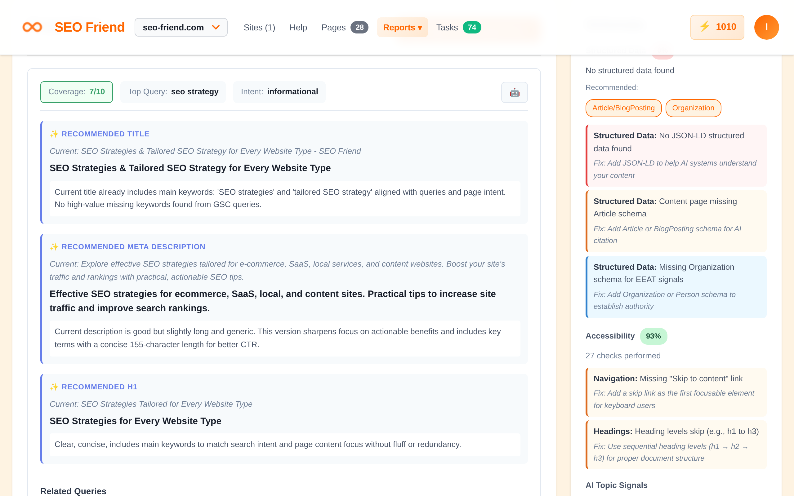 AI-generated SEO suggestions with copy-ready fixes