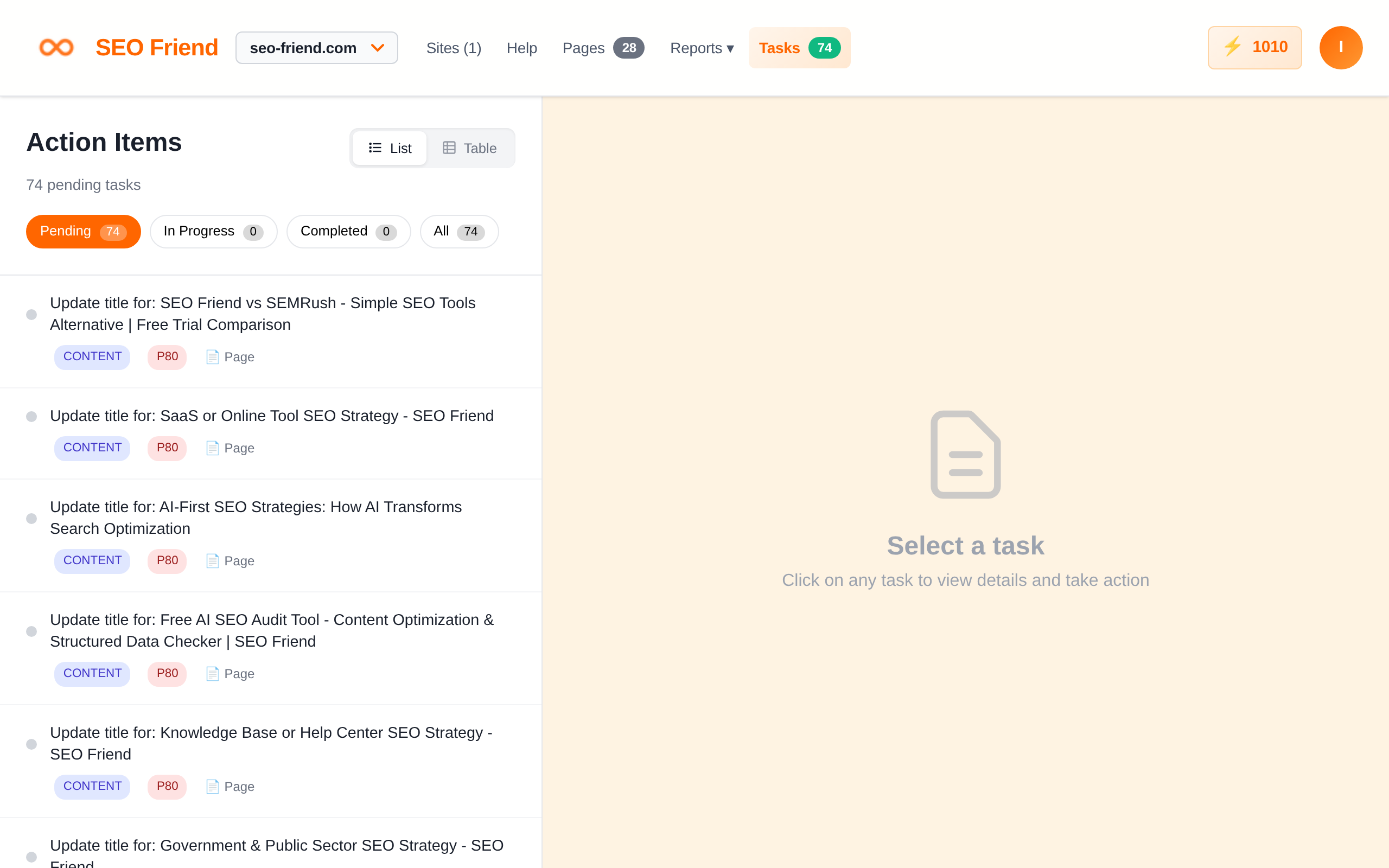 SEO Friend action items showing prioritized SEO fixes